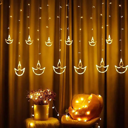 Warm White Diya Diwali Light Curtain,String Lights with Pack of 12 Hanging Diyas, 8 Flashing Modes, Decoration